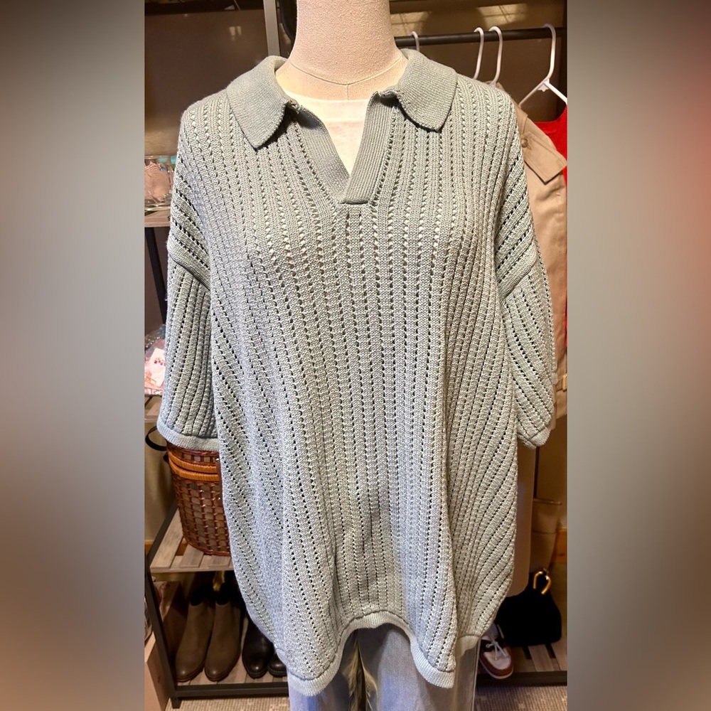 NWT American Eagle Polo Sweater- Crochet Knit AE Weekend Sweater- Size XL- Teal